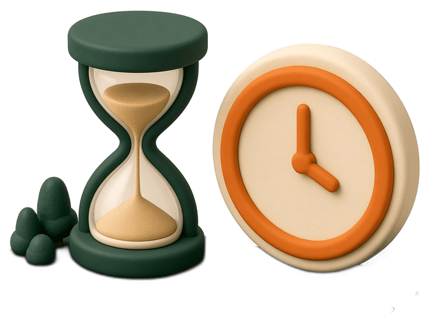 Clay hourglass and round clock on a dark green base.