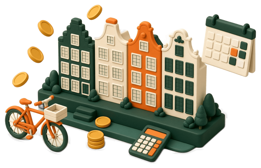 Clay model of Amsterdam canal houses with a bicycle, coins, a calendar and a calculator.