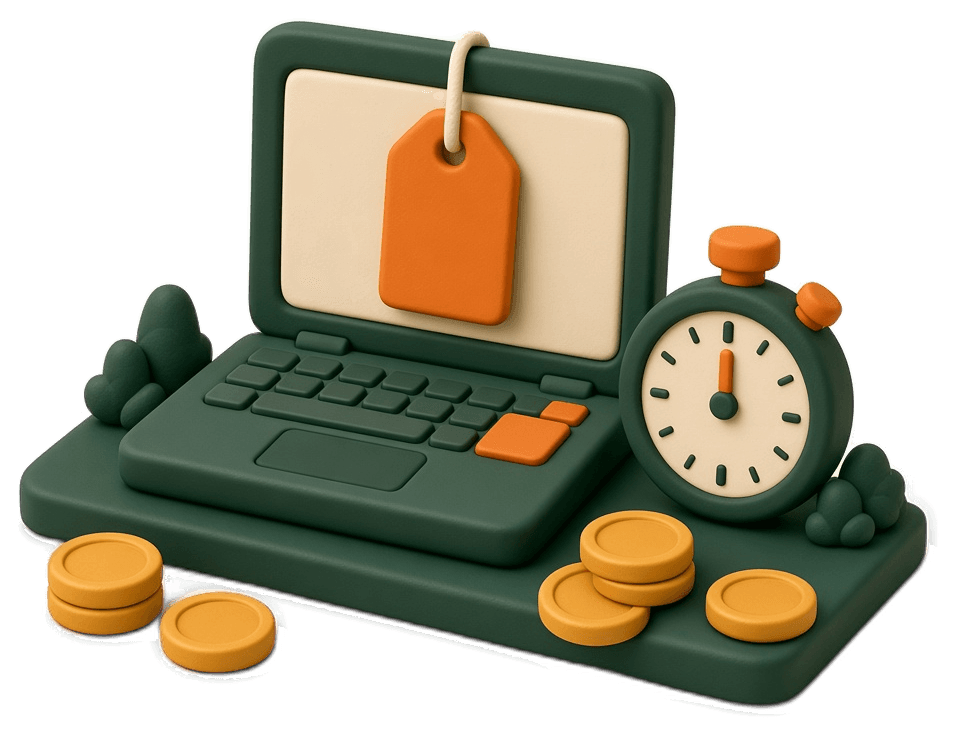 Clay laptop with an orange price tag, a stopwatch and coins.