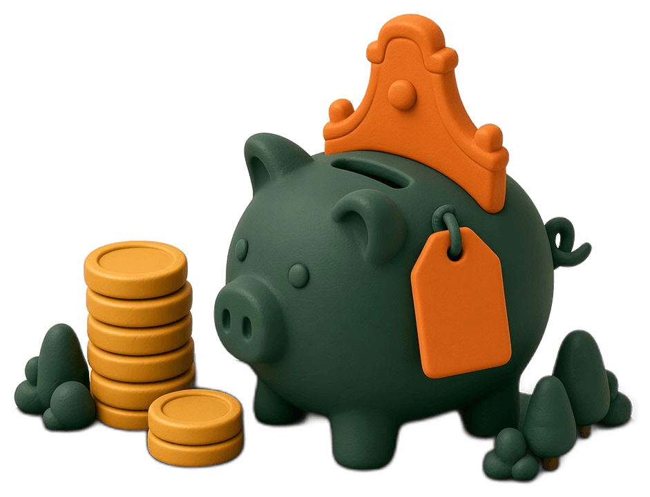 Clay piggy bank in dark green, with an orange Dutch gable, a tag and a stack of coins.