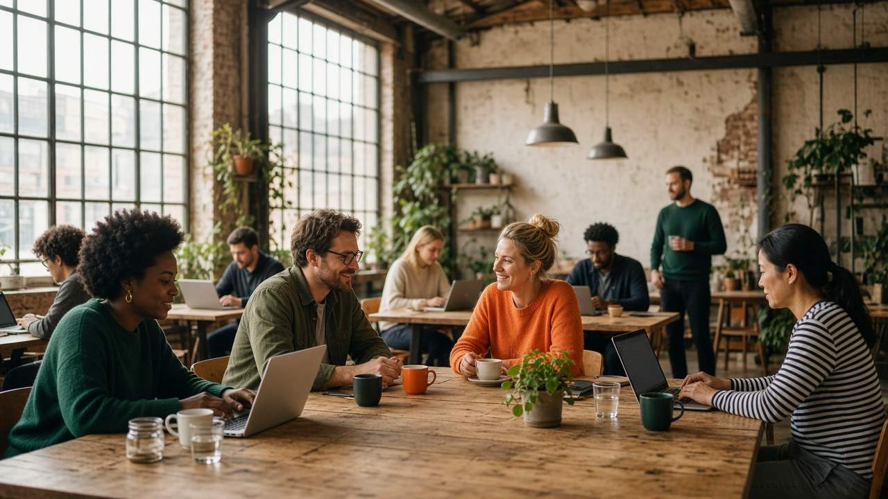 People with laptops around a wooden table in a bright coworking room.