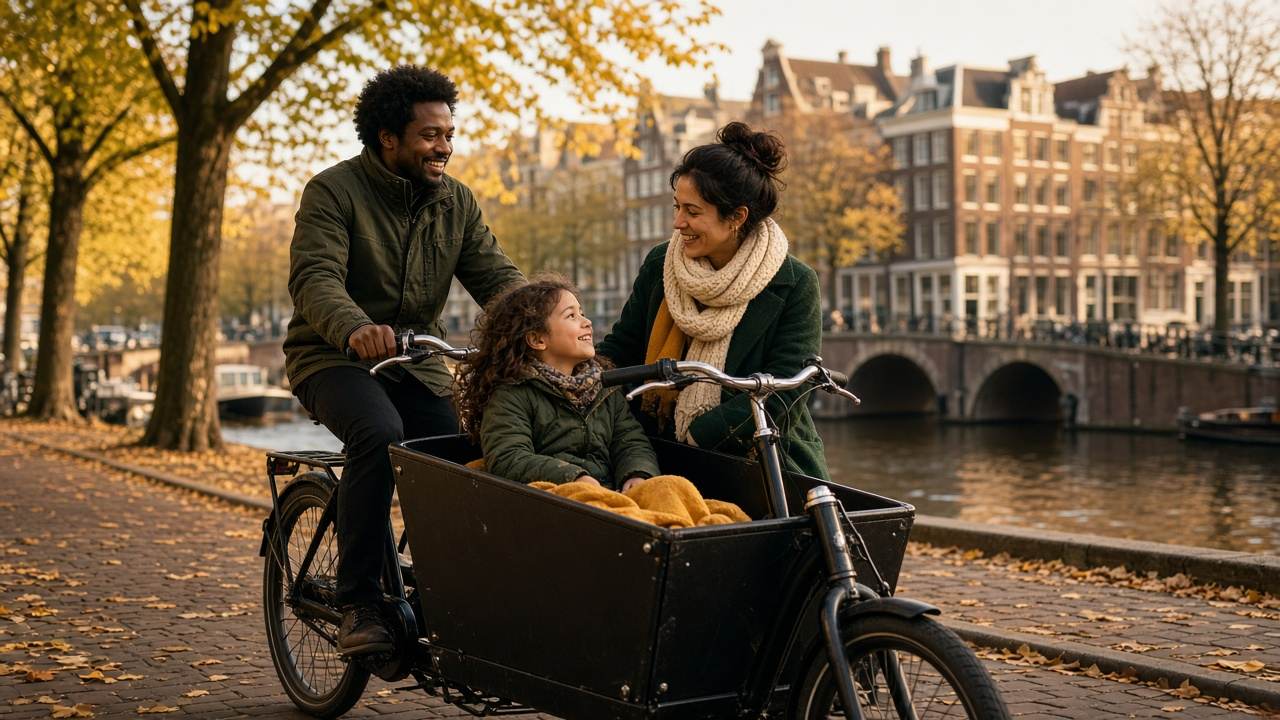A family on a cargo bike beside an Amsterdam canal in autumn: one adult pedalling, a child in the box, another adult walking alongside.