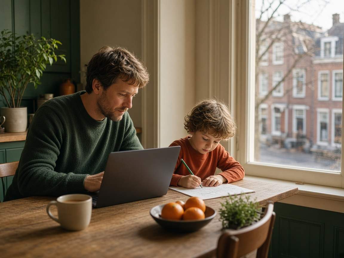 An adult on a laptop at a kitchen table, with a child drawing beside them and canal houses outside the window.