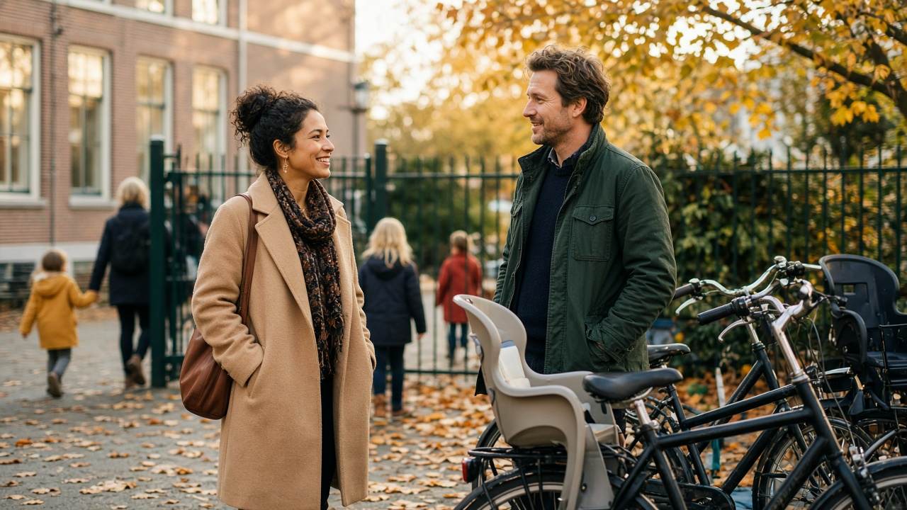 Two adults talking by a row of bicycles outside a school gate, with children walking ahead.