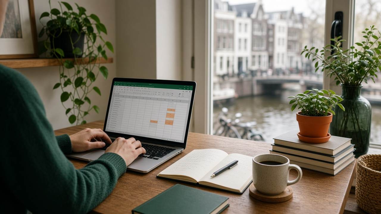 Hands on a laptop spreadsheet at a wooden desk, with canal houses and a bridge through the window.
